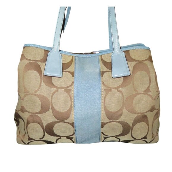 Coach 2009 Cursive Creed Khaki & Blue Jacquard Frame Kisslock Carryall Satchel - Picture 2 of 12